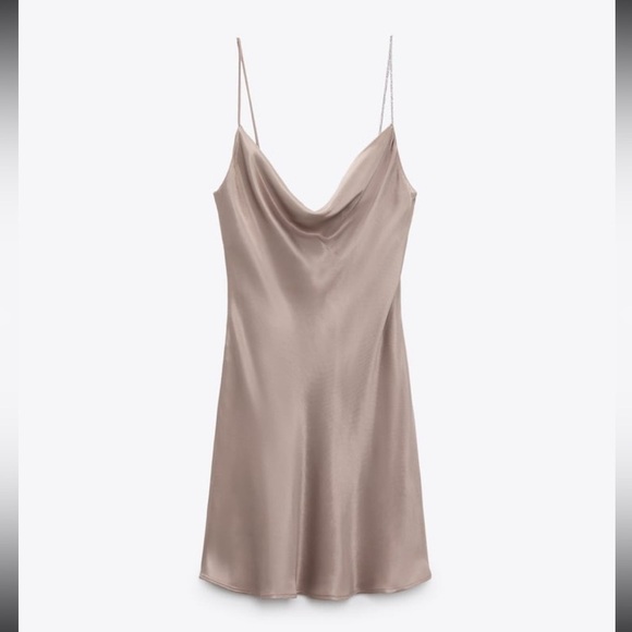 NEW ZARA Silky Satin Taupe Cowl Neck Mini Slip Dress Rhinestone Strap Fit&Flare - Picture 6 of 11